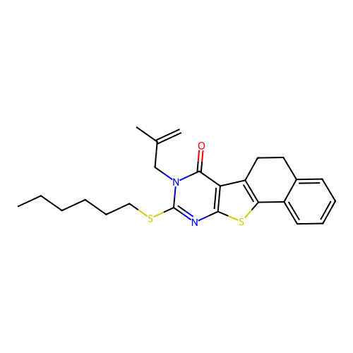 9-(hexylsulfanyl)-8-(2-methylprop-2-en-1-yl)-5,8-dihydronaphtho[2',1':4,5]thieno[2,3-d]pyrimidin-7(6H)-one structure