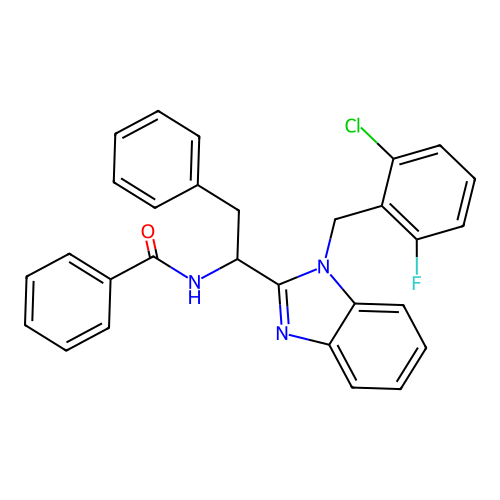 N-{1-[1-(2-chloro-6-fluorobenzyl)-1H-benzimidazol-2-yl]-2-phenylethyl}benzamide structure