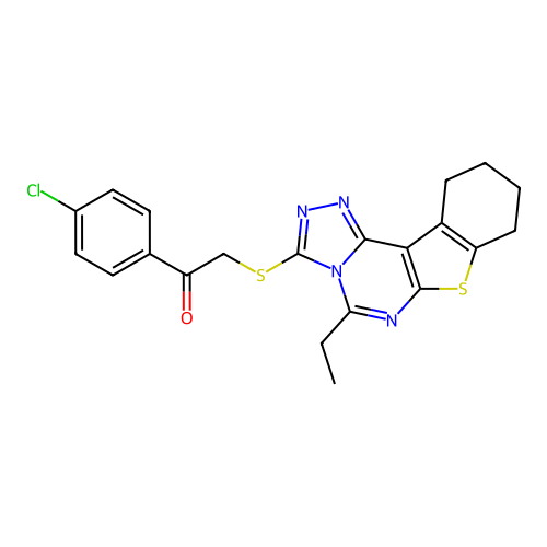 1-(4-chlorophenyl)-2-((5-ethyl-8,9,10,11-tetrahydrobenzo[4,5]thieno[3,2-e][1,2,4]triazolo[4,3-c]pyrimidin-3-yl)thio)ethanone structure