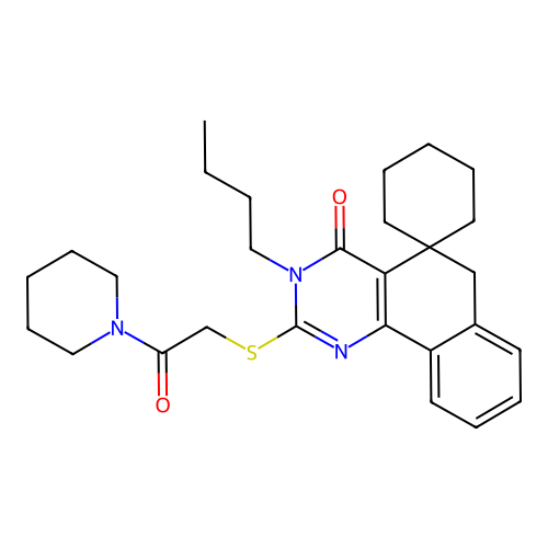 3-butyl-2-((2-oxo-2-(piperidin-1-yl)ethyl)thio)-3H-spiro[benzo[h]quinazoline-5,1'-cyclohexan]-4(6H)-one structure