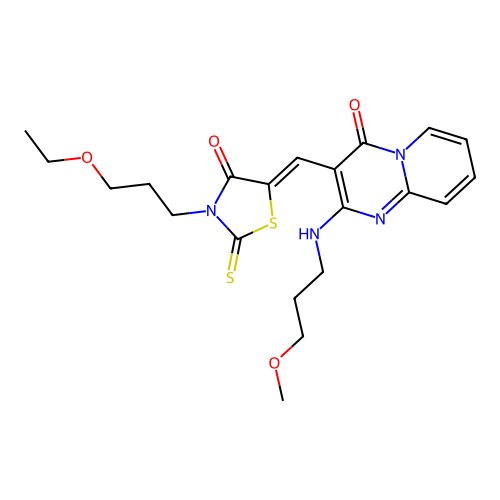 3-{(Z)-[3-(3-ethoxypropyl)-4-oxo-2-thioxo-1,3-thiazolidin-5-ylidene]methyl}-2-[(3-methoxypropyl)amino]-4H-pyrido[1,2-a]pyrimidin-4-one structure