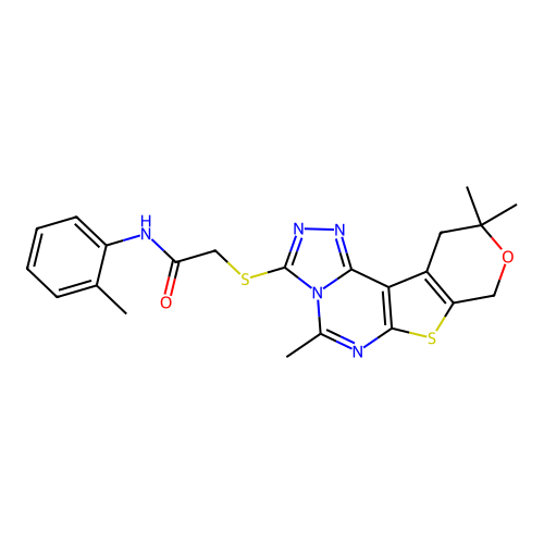 N-(2-methylphenyl)-2-[(5,10,10-trimethyl-10,11-dihydro-8H-pyrano[4',3':4,5]thieno[3,2-e][1,2,4]triazolo[4,3-c]pyrimidin-3-yl)sulfanyl]acetamide structure
