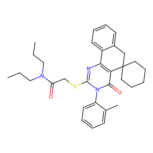 2-((4-oxo-3-(o-tolyl)-4,6-dihydro-3H-spiro[benzo[h]quinazoline-5,1'-cyclohexan]-2-yl)thio)-N,N-dipropylacetamide structure