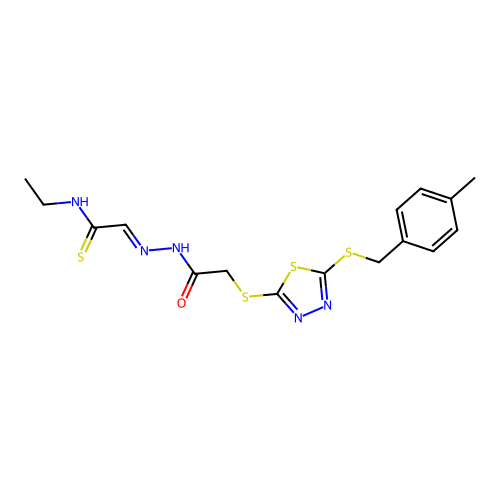 (2E)-N-ethyl-2-{2-[({5-[(4-methylbenzyl)sulfanyl]-1,3,4-thiadiazol-2-yl}sulfanyl)acetyl]hydrazinylidene}ethanethioamide structure