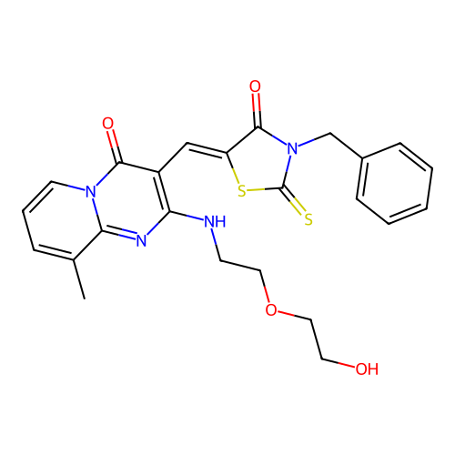 3-[(Z)-(3-benzyl-4-oxo-2-thioxo-1,3-thiazolidin-5-ylidene)methyl]-2-{[2-(2-hydroxyethoxy)ethyl]amino}-9-methyl-4H-pyrido[1,2-a]pyrimidin-4-one structure