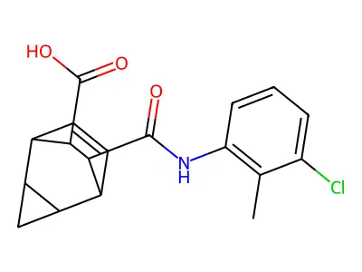 7-[(3-chloro-2-methylanilino)carbonyl]tricyclo[3.2.2.0~2,4~]non-8-ene-6-carboxylic acid structure