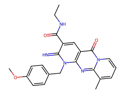 N-ethyl{2-imino-1-[(4-methoxyphenyl)methyl]-10-methyl-5-oxo(1,6-dihydropyridin o[2,3-d]pyridino[1,2-a]pyrimidin-3-yl)}carboxamide structure