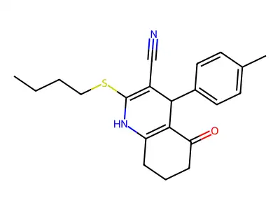 2-butylsulfanyl-4-(4-methylphenyl)-5-oxo-4,6,7,8-tetrahydro-1H-quinoline-3-carbonitrile structure