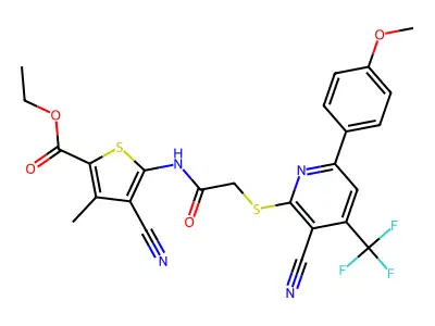 Ethyl 4-cyano-5-(2-((3-cyano-6-(4-methoxyphenyl)-4-(trifluoromethyl)pyridin-2-yl)thio)acetamido)-3-methylthiophene-2-carboxylate structure