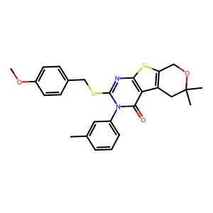 2-[(4-methoxybenzyl)sulfanyl]-6,6-dimethyl-3-(3-methylphenyl)-3,5,6,8-tetrahydro-4H-pyrano[4',3':4,5]thieno[2,3-d]pyrimidin-4-one structure