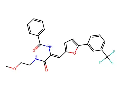 (2Z)-N-(2-methoxyethyl)-2-(phenylcarbonylamino)-3-{5-[3-(trifluoromethyl)pheny l](2-furyl)}prop-2-enamide structure
