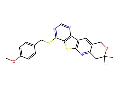 4-((4-methoxybenzyl)thio)-8,8-dimethyl-8,10-dihydro-7H-pyrano[3'',4'':5',6']pyrido[3',2':4,5]thieno[3,2-d]pyrimidine structure