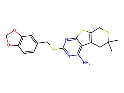 2-((benzo[d][1,3]dioxol-5-ylmethyl)thio)-6,6-dimethyl-6,8-dihydro-5H-thiopyrano[4',3':4,5]thieno[2,3-d]pyrimidin-4-amine structure
