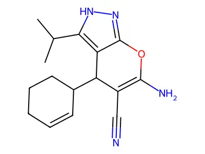 6-amino-4-cyclohex-2-en-1-yl-3-propan-2-yl-2,4-dihydropyrano[2,3-c]pyrazole-5-carbonitrile structure