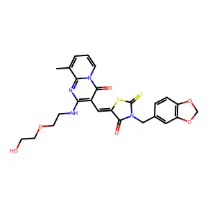 3-{(Z)-[3-(1,3-benzodioxol-5-ylmethyl)-4-oxo-2-thioxo-1,3-thiazolidin-5-ylidene]methyl}-2-{[2-(2-hydroxyethoxy)ethyl]amino}-9-methyl-4H-pyrido[1,2-a]pyrimidin-4-one structure