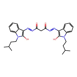 N'~1~-[(3E)-1-(3-methylbutyl)-2-oxo-1,2-dihydro-3H-indol-3-ylidene]-N'~3~-[(3Z)-1-(3-methylbutyl)-2-oxo-1,2-dihydro-3H-indol-3-ylidene]propanedihydrazide structure
