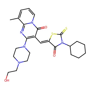 3-[(Z)-(3-cyclohexyl-4-oxo-2-thioxo-1,3-thiazolidin-5-ylidene)methyl]-2-[4-(2-hydroxyethyl)piperazin-1-yl]-9-methyl-4H-pyrido[1,2-a]pyrimidin-4-one structure