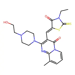(Z)-3-ethyl-5-((2-(4-(2-hydroxyethyl)piperazin-1-yl)-9-methyl-4-oxo-4H-pyrido[1,2-a]pyrimidin-3-yl)methylene)-2-thioxothiazolidin-4-one structure