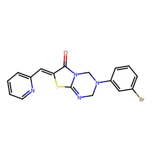 (7Z)-3-(3-bromophenyl)-7-(pyridin-2-ylmethylidene)-3,4-dihydro-2H-[1,3]thiazolo[3,2-a][1,3,5]triazin-6(7H)-one structure