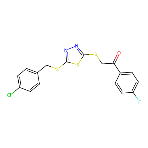 2-({5-[(4-chlorobenzyl)sulfanyl]-1,3,4-thiadiazol-2-yl}sulfanyl)-1-(4-fluorophenyl)ethanone structure