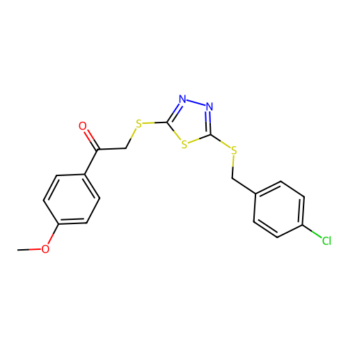 2-((5-((4-chlorobenzyl)thio)-1,3,4-thiadiazol-2-yl)thio)-1-(4-methoxyphenyl)ethanone structure