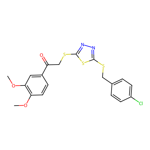 2-({5-[(4-chlorobenzyl)sulfanyl]-1,3,4-thiadiazol-2-yl}sulfanyl)-1-(3,4-dimethoxyphenyl)ethanone structure