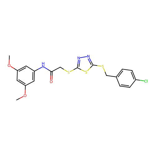 2-({5-[(4-chlorobenzyl)sulfanyl]-1,3,4-thiadiazol-2-yl}sulfanyl)-N-(3,5-dimethoxyphenyl)acetamide structure