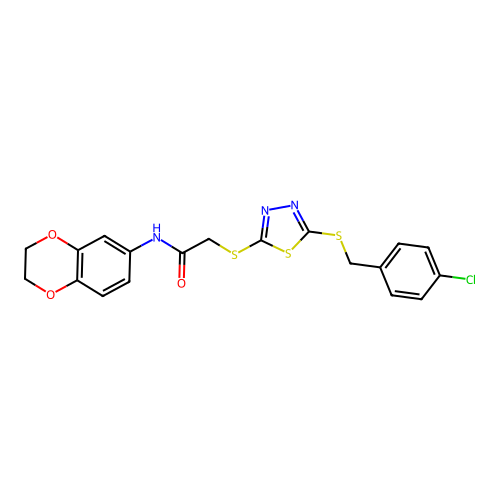 2-({5-[(4-chlorobenzyl)sulfanyl]-1,3,4-thiadiazol-2-yl}sulfanyl)-N-(2,3-dihydro-1,4-benzodioxin-6-yl)acetamide structure
