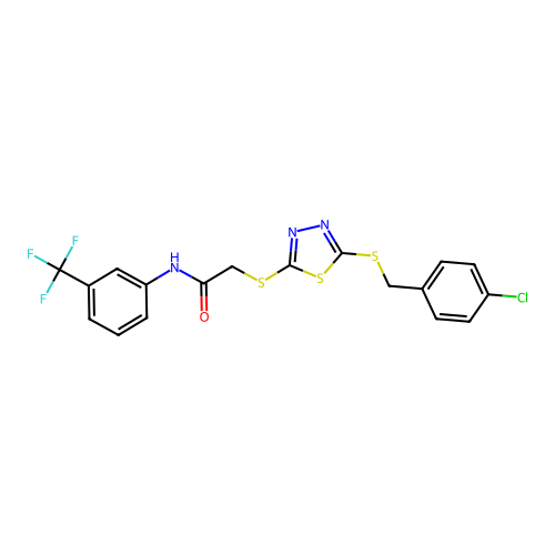 2-({5-[(4-chlorobenzyl)sulfanyl]-1,3,4-thiadiazol-2-yl}sulfanyl)-N-[3-(trifluoromethyl)phenyl]acetamide structure