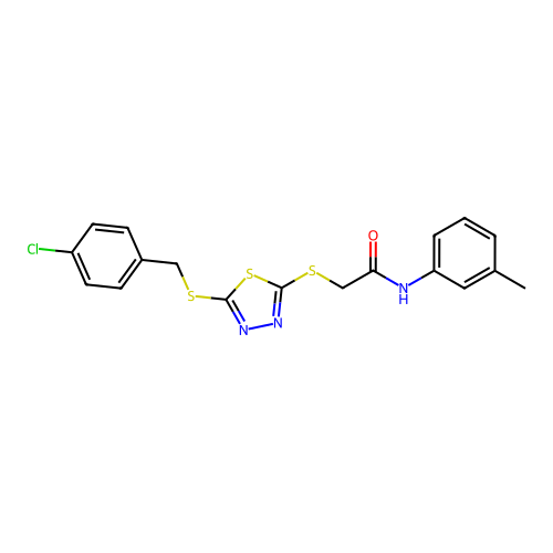 2-[[5-[(4-chlorophenyl)methylsulfanyl]-1,3,4-thiadiazol-2-yl]sulfanyl]-N-(3-methylphenyl)acetamide structure