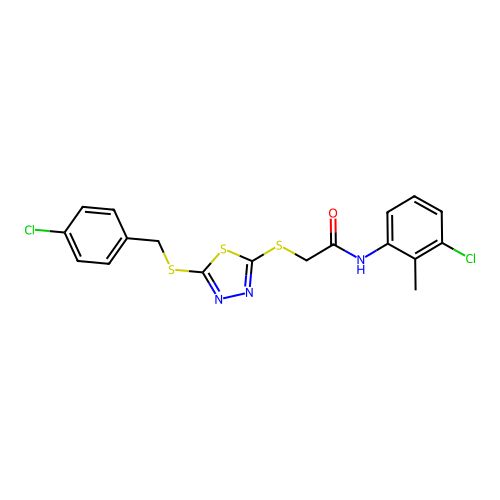 2-({5-[(4-chlorobenzyl)sulfanyl]-1,3,4-thiadiazol-2-yl}sulfanyl)-N-(3-chloro-2-methylphenyl)acetamide structure
