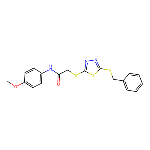 2-{[5-(benzylsulfanyl)-1,3,4-thiadiazol-2-yl]sulfanyl}-N-(4-methoxyphenyl)acetamide structure