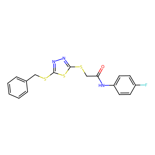 2-{[5-(benzylsulfanyl)-1,3,4-thiadiazol-2-yl]sulfanyl}-N-(4-fluorophenyl)acetamide structure