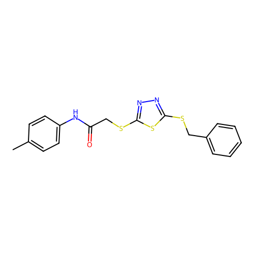 2-{[5-(benzylsulfanyl)-1,3,4-thiadiazol-2-yl]sulfanyl}-N-(4-methylphenyl)acetamide structure