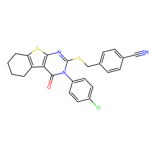 4-({[3-(4-chlorophenyl)-4-oxo-3,4,5,6,7,8-hexahydro[1]benzothieno[2,3-d]pyrimidin-2-yl]sulfanyl}methyl)benzonitrile structure