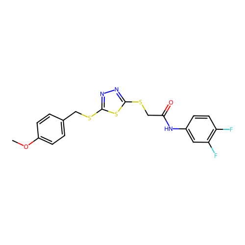 N-(3,4-difluorophenyl)-2-({5-[(4-methoxybenzyl)sulfanyl]-1,3,4-thiadiazol-2-yl}sulfanyl)acetamide structure