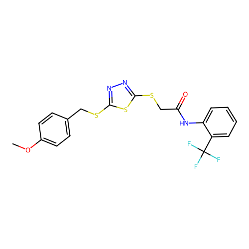 2-({5-[(4-methoxybenzyl)sulfanyl]-1,3,4-thiadiazol-2-yl}sulfanyl)-N-[2-(trifluoromethyl)phenyl]acetamide structure