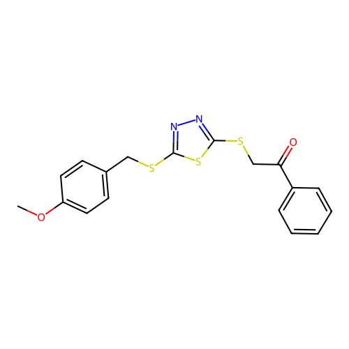 2-((5-((4-methoxybenzyl)thio)-1,3,4-thiadiazol-2-yl)thio)-1-phenylethanone structure