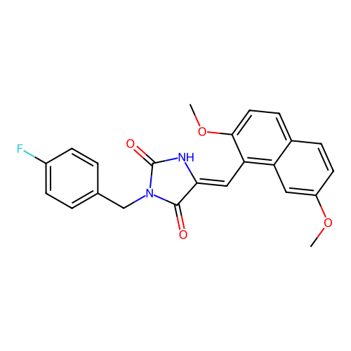 (Z)-5-((2,7-dimethoxynaphthalen-1-yl)methylene)-3-(4-fluorobenzyl)imidazolidine-2,4-dione structure
