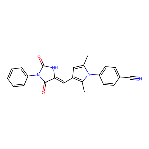 (Z)-4-(3-((2,5-dioxo-1-phenylimidazolidin-4-ylidene)methyl)-2,5-dimethyl-1H-pyrrol-1-yl)benzonitrile structure