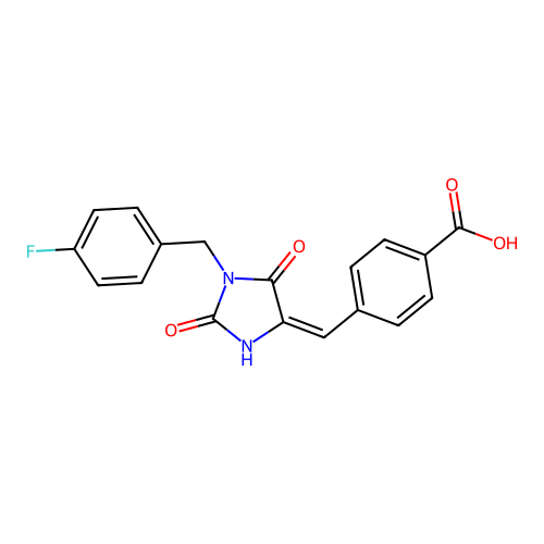 4-{(E)-[1-(4-fluorobenzyl)-2,5-dioxoimidazolidin-4-ylidene]methyl}benzoic acid structure