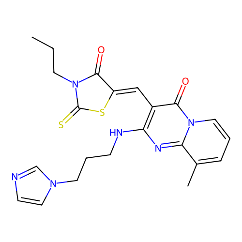 2-{[3-(1H-imidazol-1-yl)propyl]amino}-9-methyl-3-[(Z)-(4-oxo-3-propyl-2-thioxo-1,3-thiazolidin-5-ylidene)methyl]-4H-pyrido[1,2-a]pyrimidin-4-one structure