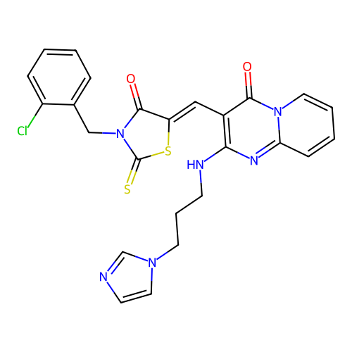 3-{(Z)-[3-(2-chlorobenzyl)-4-oxo-2-thioxo-1,3-thiazolidin-5-ylidene]methyl}-2-{[3-(1H-imidazol-1-yl)propyl]amino}-4H-pyrido[1,2-a]pyrimidin-4-one structure
