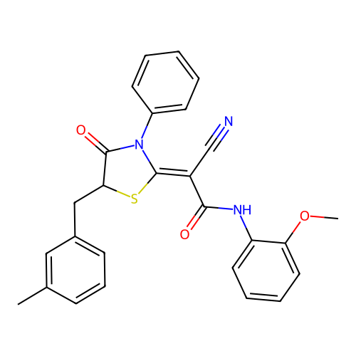 (2Z)-2-cyano-N-(2-methoxyphenyl)-2-[5-(3-methylbenzyl)-4-oxo-3-phenyl-1,3-thiazolidin-2-ylidene]ethanamide structure