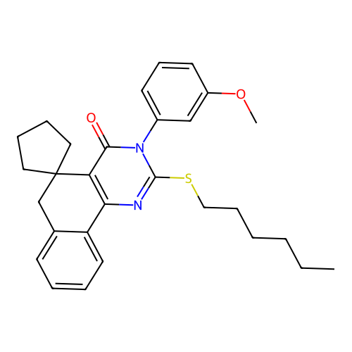 2-hexylsulfanyl-3-(3-methoxyphenyl)spiro[6H-benzo[h]quinazoline-5,1'-cyclopentane]-4-one structure