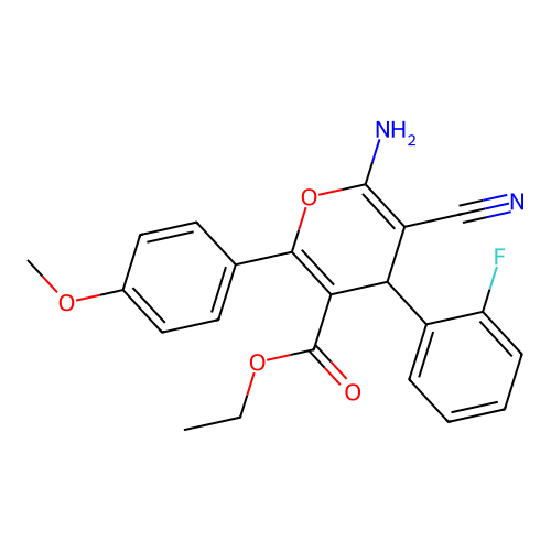 ethyl 6-amino-5-cyano-4-(2-fluorophenyl)-2-(4-methoxyphenyl)-4H-pyran-3-carboxylate structure