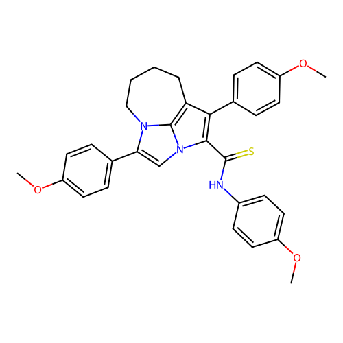 N,1,4-tris(4-methoxyphenyl)-5,6,7,8-tetrahydro-2a,4a-diazacyclopenta[cd]azulene-2-carbothioamide structure