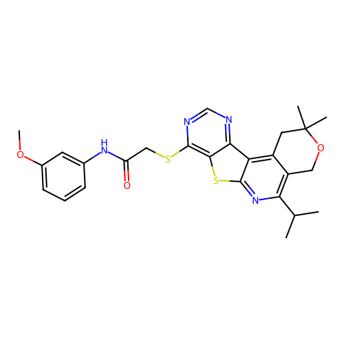 2-((5-isopropyl-2,2-dimethyl-2,4-dihydro-1H-pyrano[4'',3'':4',5']pyrido[3',2':4,5]thieno[3,2-d]pyrimidin-8-yl)thio)-N-(3-methoxyphenyl)acetamide structure