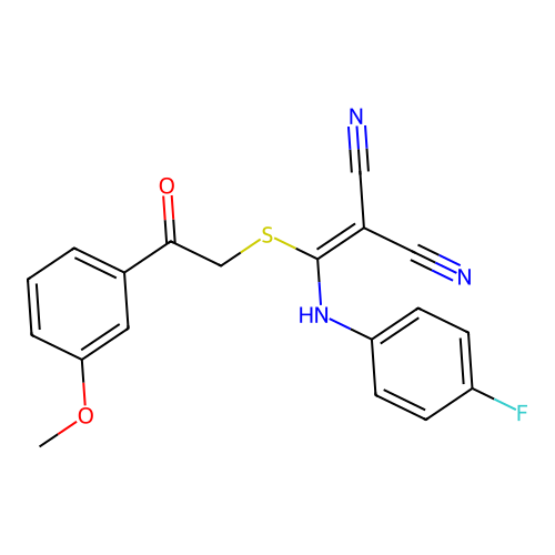 2-(((4-fluorophenyl)amino)((2-(3-methoxyphenyl)-2-oxoethyl)thio)methylene)malononitrile structure