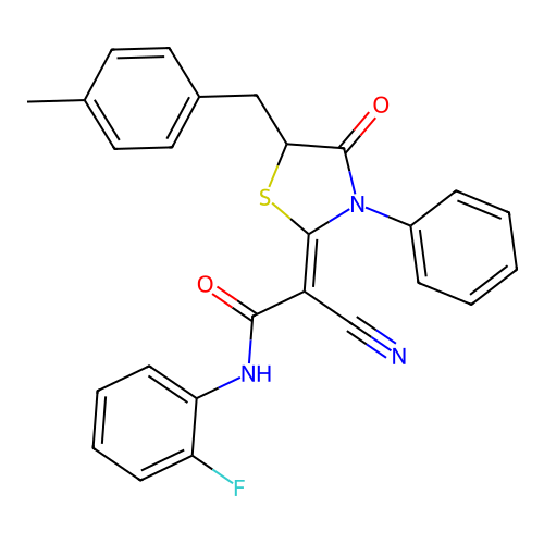 (2Z)-2-cyano-N-(2-fluorophenyl)-2-[5-(4-methylbenzyl)-4-oxo-3-phenyl-1,3-thiazolidin-2-ylidene]ethanamide structure